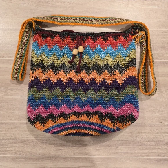 Crochet Bag Colorful Drawstring Bucket Hippie Boho Festival Travel Handmade Knit - Picture 4 of 9